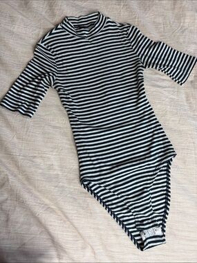 Divided navy blue & White Striped Ribbed Bodysuit